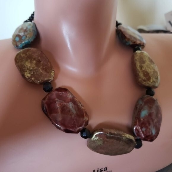 Faceted 80s Fall Autumn Jewel Tone Multicolor Oval Stone Boho Statement Necklace - Picture 2 of 3